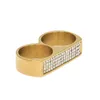 Men's Hip Hop Cool Two Finger Iced Bling Rhinestone Stainless Steel Gold color Ring Fashion Party Jewelry Size 9 and 10
