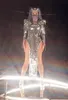 Silver Laser Sequins Backless Slit Dress Club Women Dancer Singer Performance Reflective Mirror Costume Nightclub Bar Sexy Party Stage Wear