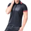 Man's Undershirts PU Leather Short Sleeve T-shrits Singlet Men Black Fitness Streetwear Party Clubwear Ropa Sexy Hombre Shirts 201009