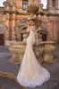 Sexy Mermaid Trouwjurk Afneembare Trein Nieuwste Off-Shoulder Kant Lange Mouw Button Back Bridal Trouwjurk voor Bruid