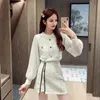 Autumn Runway Knitted 2 Piece Set Women Elegant Long sleeve Patchwork O Neck Sweater + High Waist A Line Tweed Skirt Suit 220302