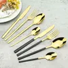 24st Svart guld bestick set rostfritt stål dinnerware knivar gaffel sked middag porslin party köket bestick silverare 211229