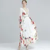 Women's Runway Dresses Sexy Low V Neck Long Sleeves Split Front Floral Printed High Street Fashion Long Designer Dresses