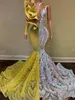 Contrast Kleur Gele zeemeermin Prom -jurken voor zwarte meisjes lange mouw ruches paillin Afrikaanse avondjurk afstuderen Gala -jurk 0425