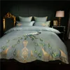 Chic Haft Luksusowa Pościel Zestaw Królowa King Size Duvet Pokrywa Bed Set 600TC Egiptian Bawełna Miękki Tkanina Peacock Wzór 201120