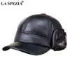 LA SPEZIA, gorras de béisbol de invierno con orejeras de piel, sombrero de cuero de vaca auténtico para hombre, sombrero de pico de pato grueso y cálido, sombrero de cuero marrón de lujo para hombre J1225