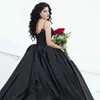Black Gothic Dresses Satin Lace Applique Spaghetti Straps Sweep Train Custom Made Chapel Wedding Bridal Gown Robe De Mariee 403