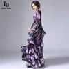 LD LINDA DELLA Spring New Fashion Runway Maxi Dress Women's Long Sleeve Vintage Tiered Tulip Floral Printed Long Dress 201204
