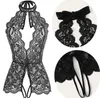 Roupa interior sexy feminina Lin Tai Pijama Meia-calça de renda com decote em V sem manga Babydoll Open Fork Roupa de dormir Bodysuit