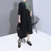 Новые женщины летние черные лоскутные платья с длинным рубашкой плюс размеры лацкат металлические отверстия кольца леди уникальное повседневное платье рубашка Femme 6163 T200521