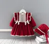 Baby Girls Christmas party dress kids red lace falbala fly sleeve dresses baby Bow velvet princess dress girls 1st birthday dress A4867