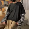 Men's Sweaters Long Sleeve Fake Two-piece T Shirt Striped Big Shirts Clothing Fashion Oversized Tees Clothes Tshirt 220930