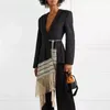 Women's Suits & Blazers Loose Fit Spliced Contrast Color Tassel Belt Jacket V-neck Long Sleeve Women Coat Fashion Autumn Winter 20211