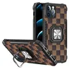 Magnetic Holder PU Läder Grid Telefon Fodraler för iPhone 11 12 Mini 13 Pro Max XR XS 7 8 Plus Shocksäker Soft TPU Ring Stativ Cover