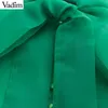 Vadim Women Green Organza Blouse Lantern Sleeve Bow Tie Collar Stylish Female Casual Shirt Long Sleeve Solid Tops Blusas La898 Y200930