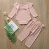 Baby flicka kläder set nyfödd spädbarn frill solid romper bodysuit bow byxa kläder spädbarn nyfödda kläder barn kläder 2582 Q22047118