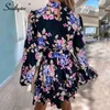 Southpire Navy Floral Print Loose Style Mini Dres Långärmad Hög Neck Party Dress Ladies Day Casual Kläder Vår 220311