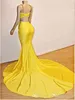 Żółte pasy spaghetti Satin Mermaid Prom Dresses 2022 Koronka Aplikacja Zroszony Długie Formalne Suknie Wieczorowe Graduation Party Dresses BC3999