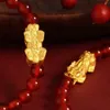 999 リアル 24K イエロー ゴールド ブレスレット 女性 3D 幸運を祝福する貔貅チャーム 赤瑪瑙ビーズ調整可能 220309