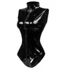 Siyah Kasık Fermuar Kolsuz Seksi Spandex Bodysuit Deri Lateks Catsuit PVC Tulum Kadınlar Kısa PU Bodysuit Clubwear1