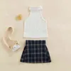 Focusnorm 5 Colors 2st Fashion Kids Girls Clothes Set 1-6y ärmlös Turtleneck Knit tröja toppar Plaid tryckta A-line kjolar G220310