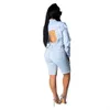 Tsuretobe Sexy Club Denim Two Piece Outfits Women Backless Crop Top And Jeans Shorts Set Ladies Fashion Casual Hole Set Female T200702
