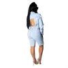 Tsuretobe Sexy Club Denim Deux Pièces Tenues Femmes Dos Nu Crop Top Et Jeans Shorts Ensemble Dames Mode Casual Trou Ensemble Femme T200702