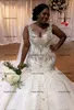 Sparkly Mermaid Plus Size Wedding Dresses 2021 Luxury Pärled Crystal V-Neck African Nigerian Chapel Train Trumpet Wedding Gown297f