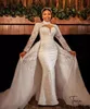 Plus Size Mermaid Bröllopsklänningar med avtagbart tåg 2022 Långärmad Luxury Pearls Lace Beaded African Aso Ebi Bridal Gown