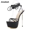 Aneikeh stiletto saltos altos mulheres sapatos plataforma clássico punk cross-tied cabeça peep toe moda novo verão elegante partido sandálias c0129