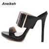 Aneikeh 2020 Fashion Sexy Gladiator Summer PU Women Sandals Thin High Heels Sandals Slip-On Opinted Toe Black Dress Size 35-40