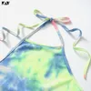 KLV Sexy Summer Deux Pièces Ensemble Tie-Dye Gradient Couleur Imprimé Halter Dos Nu Crop Top Jambe Large Short Pantalon Costume Beachwear T200702