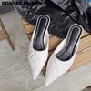 İnce med topuk terlikleri sivri uçlu ayakkabılar kadın zarif katırlar ayakkabı marka nakış topuğu açık havada parti için slayt terlik y200624