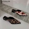 Nxy Slippers Suojialun 2022 Summer Women Pointed Toe Shallow Slip on Mules Shoes Ladies Square Low Heel Leopard Slides Big Size 35-41 0210