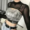 Women Mesh Sheer T Shirts Long Sleeve Crop Top Black O Neck See Through Sexy Summer Tops T-shirt Female Wear