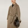 Cappotto invernale da donna in doppio cashmere con colletto dentellato, maniche lunghe, tasche frontali, cintura a fascia, capispalla casual alla moda