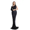 Arabisch Dubai Sexy schwarze Meerjungfrau Ballkleider Pailletten One Shoulder Long Sleeves Kristall Perlen formelle Partykleid Abendkleider nach Maß