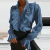 Eleganckie kobiety Ruffy szyi szyfon sprężyna długa koszulka z rękawem z rękawem Bluzka swobodne letnie biuro damskie topy Blusa Mujer