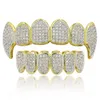 Qualidade superior ouro 18K cor prata hip hop rapper grillz luxo brilhante zircão diamante dentes superior e inferior grades para homens mulheres