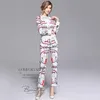 2019 Fashion Chain Printed Suit Set 2 Piece Bow Collar Full Sleeve T-shirt Topp + Bälte Penna Byxor Satser för Kvinnor Runway Twinets T200702