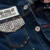 Sokotoo Men's slim English flag patch design rivet jean jacket Casual dark blue washed denim coat Outerwear 201004