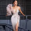 Robe de Cocktail arabe fendue sur le côté, en dentelle, perles appliquées, col transparent, longueur aux genoux, robes de bal, nouvelle collection 2020, 347H