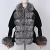 Yoloagain 패션 따뜻한 여성 버블 슬리브 리얼 폭스 모피 칼라 양모 스웨터 카디건 재킷 201212