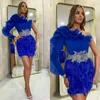 One-shoulder Short Prom Dresses Ruffles Beads Sash Feather Evening Dress Custom Made Sweep Train Sheath Newest Blue Formal Party Dress