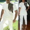 Roupas étnicas MD Africano Casal Combinando Roupas Brancas 2 Partes Set para Homens E Mulheres Embroidery Dashiki Camisa Calças Terno De Manga Curta Top