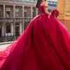 Chrtr Red Lace Suknia kulowa Quinceanera Suknie Koronkowe Appliues Sweet 16 Dress 2021 Off The Ramię Vestidos DE 15 Años