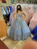 НОВЫЙ! Элегантный Baby Blue Sequins Quinceanera Платья для мяч 2022 Милая шея серебряные кружева из бисера плюс размер выпускных вечеринок для сладкого 15 16 халат де Маррая