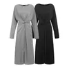 Herfst Winter Basic Dress Dames Casual Effen Kleur O Hals Lange Mouw Lange Jurken Vonda Nieuwe Mode Elegante Vestidos 5XL 201008