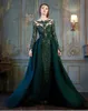 Hunter Modest Emerald Green Long Sleeve Prom Formal Dresses with Detachable Train Lace Beaded Mermaid Evening Wear Dress