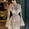 See Through Lace Wedding Dresses For Women Thigh-High Slits V neck Appliques Beads Illusion Bridal Dress Long Sleeves Sexy vestidos de novia